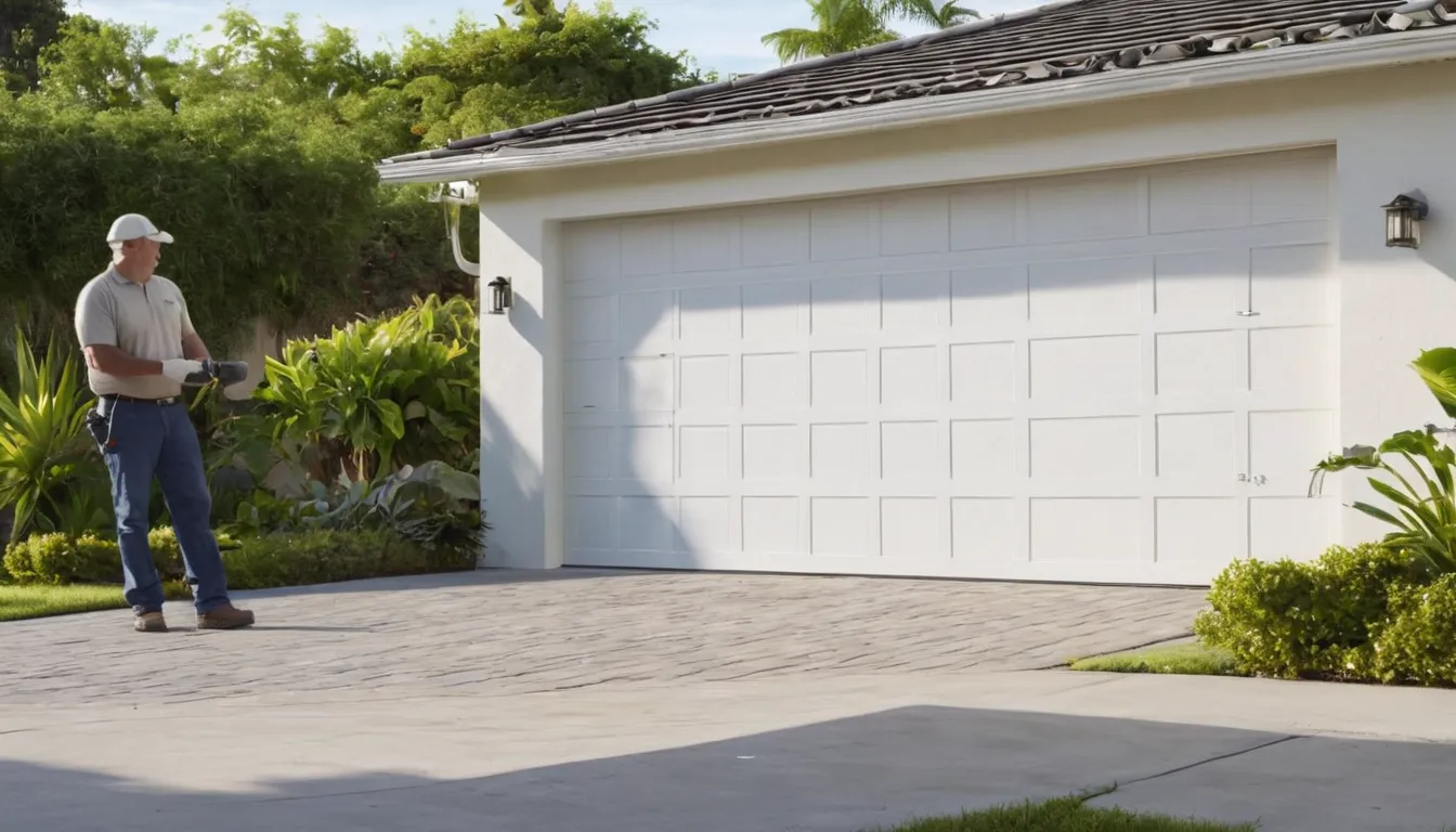 A garage door provider inspecting a torsion spring above a residential garage door in Cutler Bay